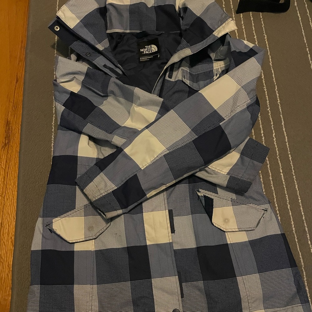 Hooded rain jacket the north face waterproof blue white plaid size small